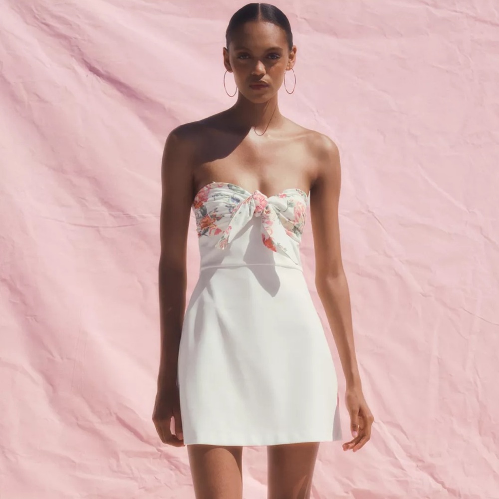 Zara NWT Floral Handkerchief Bow Mini Dress White Strapless Medium 3067/303